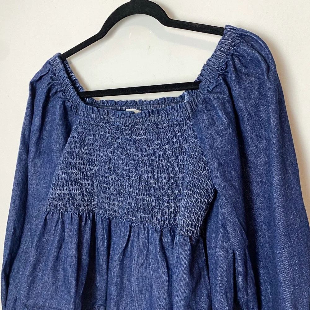 J. Crew Puff Sleeve Smocked Chambray Top